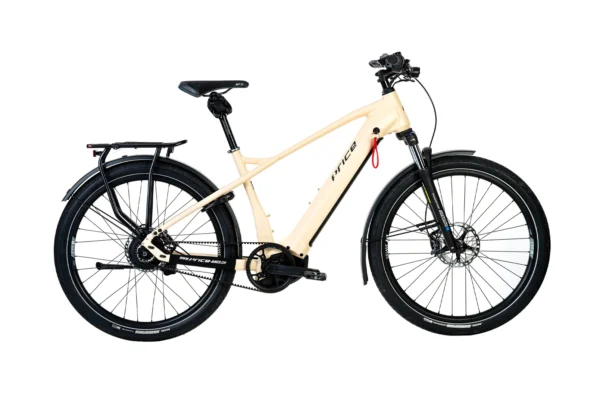 Ein Elektrofahrrad von Price auf weissem Hintergrund. Das Bike ist in der Farbe Sand.